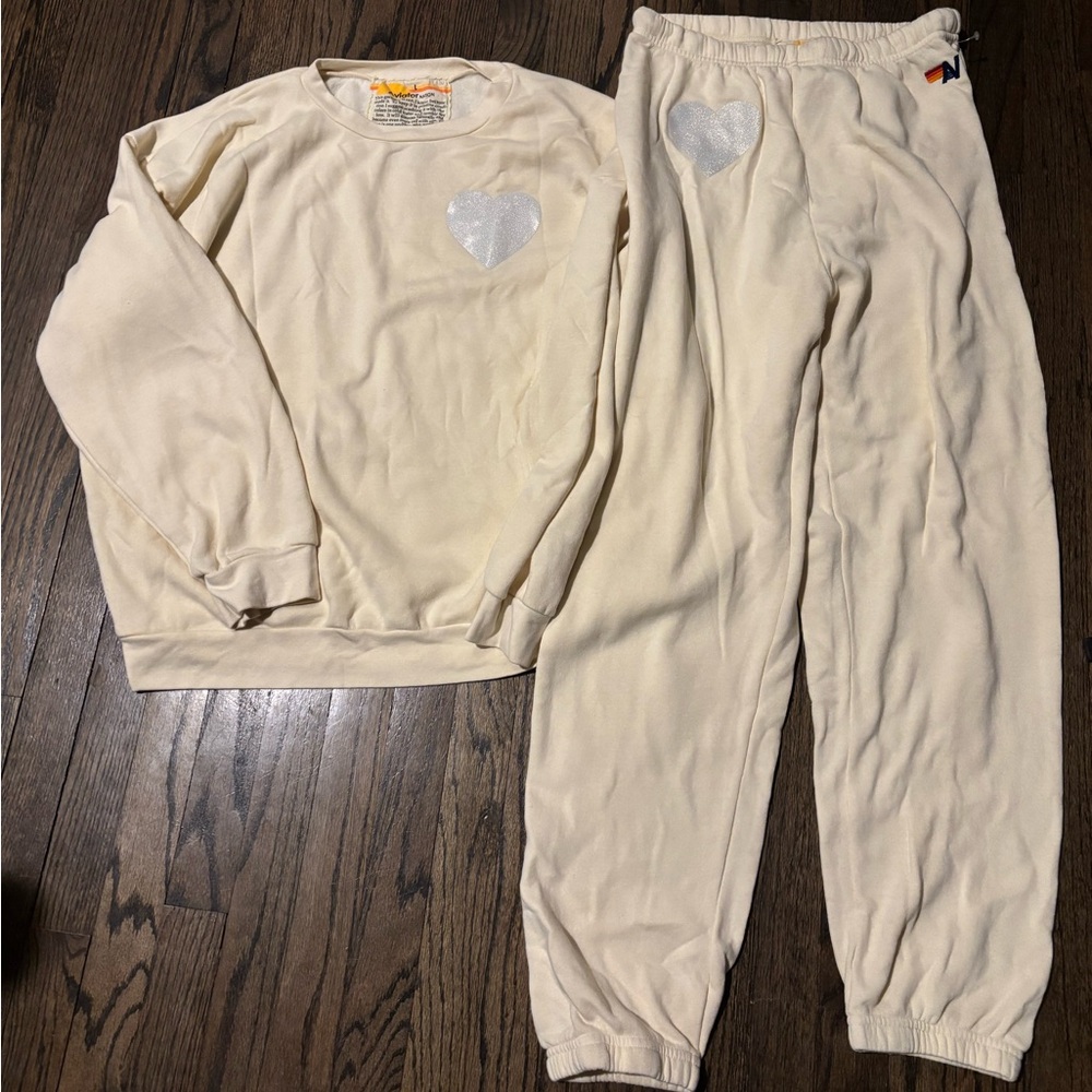 Aviator Nation NWOT Cream Glitter Heart Sweatshirt and Sweatpants set